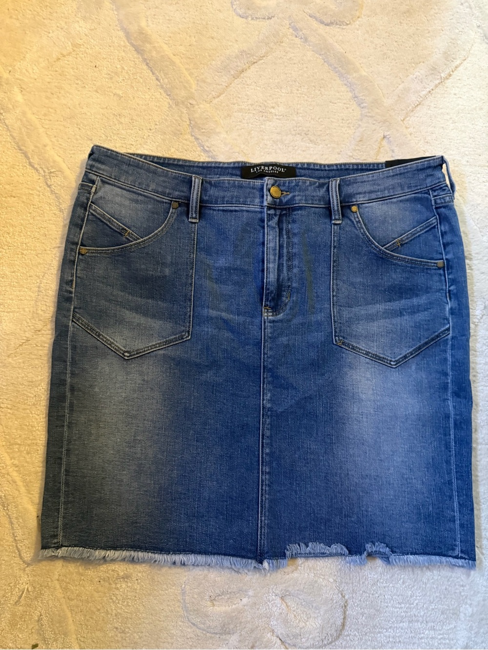 Liverpool Blue Denim Mini Skirt with Raw Hem